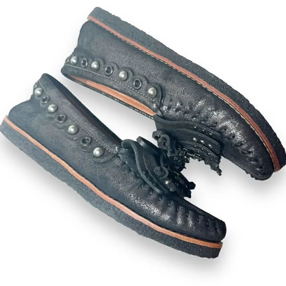 COACH Roccasin Black Metallic Leather Slip On Moccasins Sherpa Flat Loafers Sz 6 - Picture 6 of 10